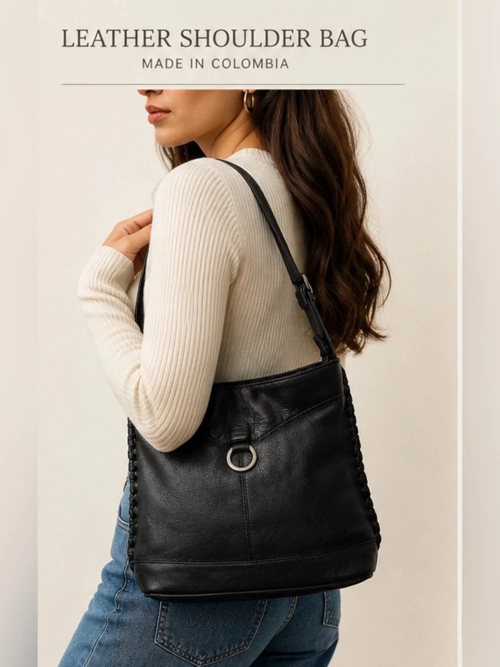 Vintage Black Genuine Leather Shoulder‎ Bag Made in Colombia Braided Trim
